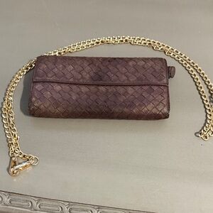 Bottega Veneta Brown Woven Clutch with Gold Chain